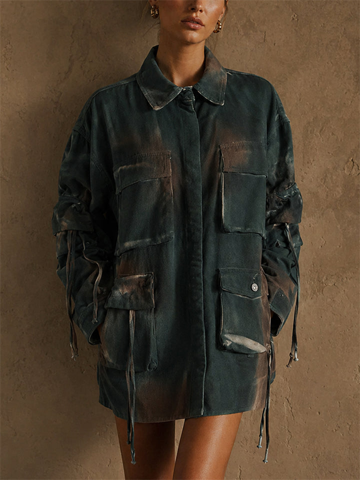 Women's Vintage Wash Oversized Utility Cargo Shirt Jacket