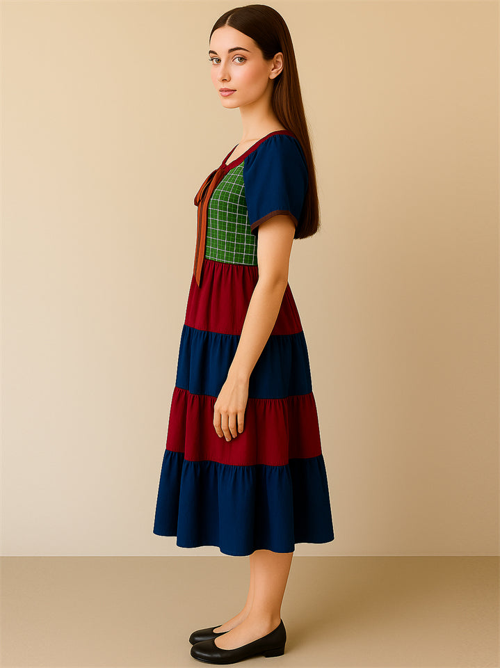 Women's Contrast Color Plaid Patchwork Tiered Dress