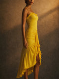 Womens Sexy Ruched Ruffle Bodycon High Low Slit Maxi Dress
