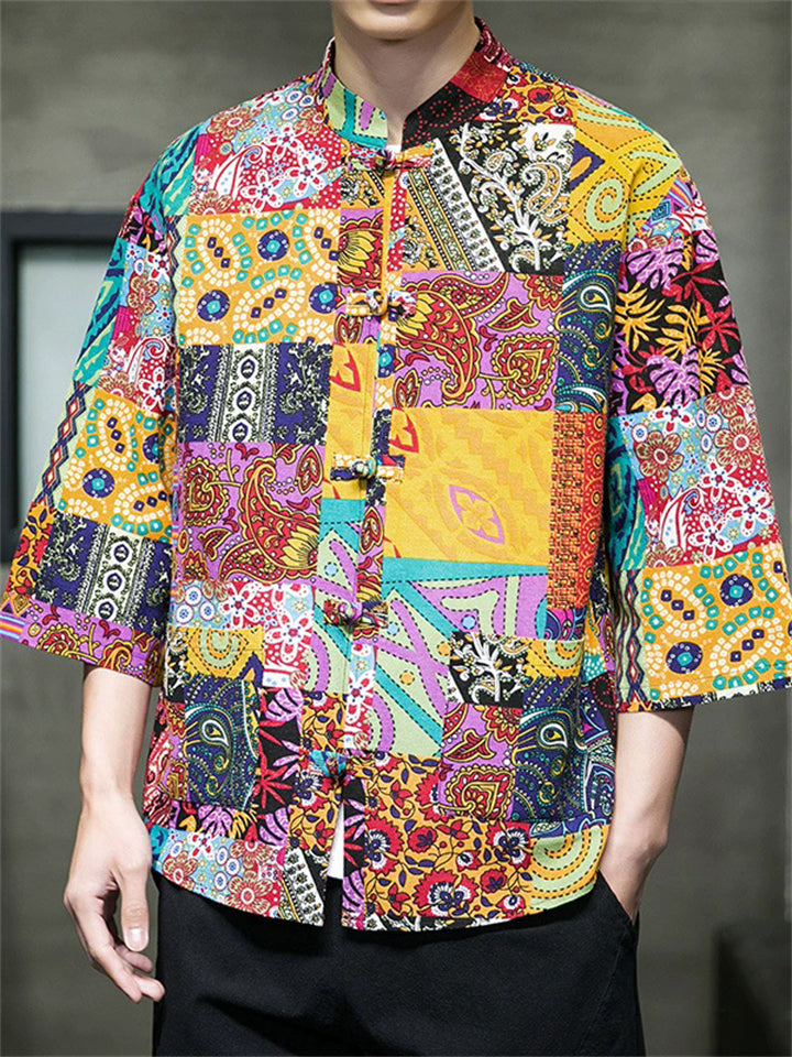 Men's Summer Chinese Style Printed Stand Collar Frog Button TangSuit Shirts