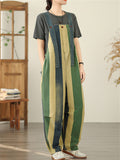Women's Contrast Color Stripe Overall Denim Cropped Jumpsuits