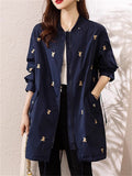 Women's Bear Embroidered Baseball Collar Long Sleeve Jacket