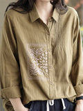 Retro Loose Embroidery Pleated Lapel Shirt for Women