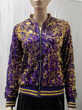 Women's Casual Contrast Color Sequin Stand Collar Zip Jacket