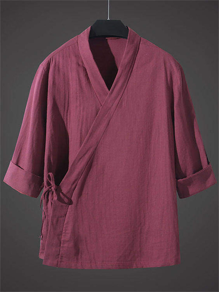 Men's Casual Solid Color 3/4 Sleeve Lace Up Half Sleeve Outfits