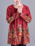 Plus Size Floral Print Long Sleeve O-Neck Shirt for Women