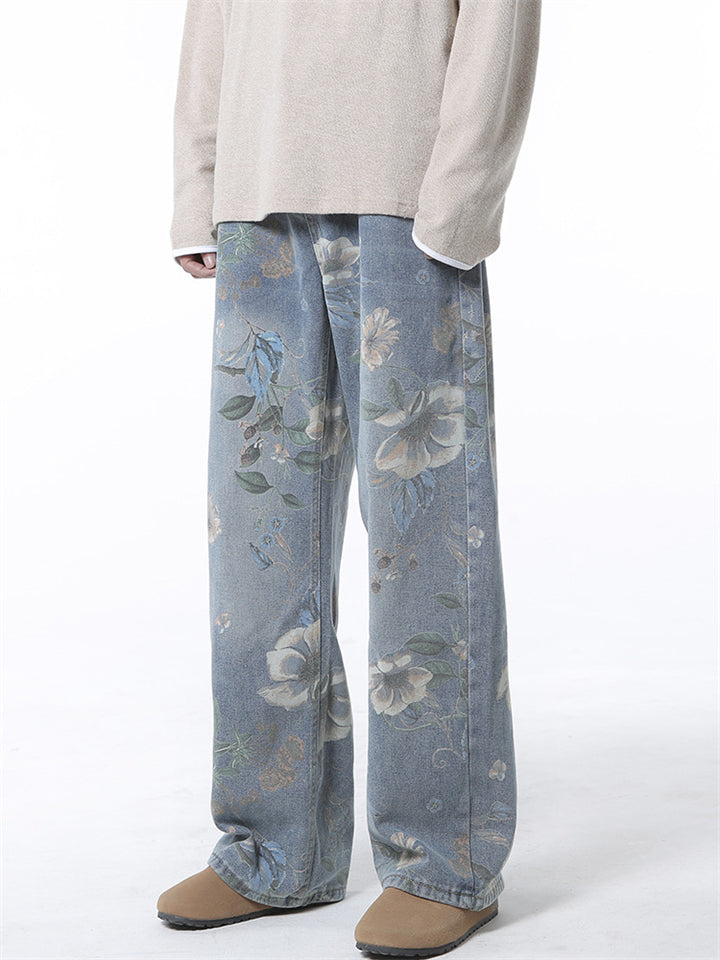 High Street Flowers Print Wide Leg Straight Denim Pants for Men
