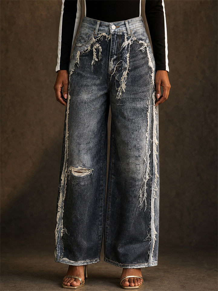 Women Mid-Waist Patchwork Distressed Baggy Wide Leg Denim Jeans
