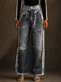 Women Mid-Waist Patchwork Distressed Baggy Wide Leg Denim Jeans