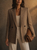 Women Vintage Houndstooth Double Breasted Blazer Jacket