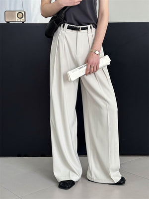 Pleated Simple Loose Fit Straight-Leg Suit Trousers for Ladies