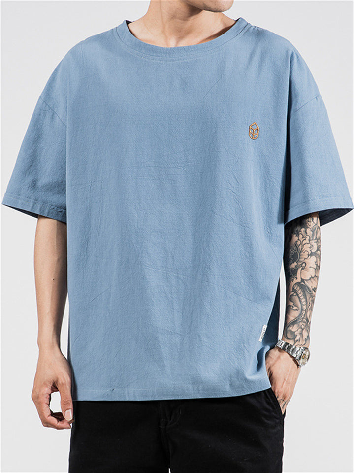 Men's Casual Solid Color Embroidery Loose Short Sleeve T-Shirt