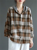 Women's Retro Plaid Contrast Color Long Sleeve Hooded Shirts