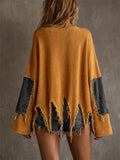 Womens Oversized Distressed Ribbed Knit Denim Patch Sweater