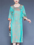 Women's Mountain Print Contrast Trim O-neck 3/4 Sleeve Dress