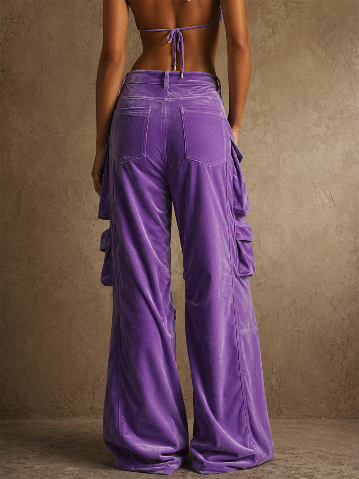 Women's Y2K Purple Velvet Multi Pocket Wide Leg Cargo Pants