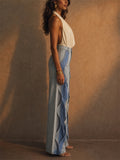 Women High Waist Ruffle Wave Rhinestone Wide Leg Jeans