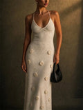 Women 3D Floral Backless Knitted Vacation Maxi Dress