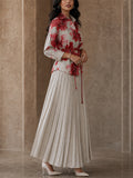 Women's Elegant 2pc Floral Long Sleeve Shirt and Pleated Maxi Skirt Set
