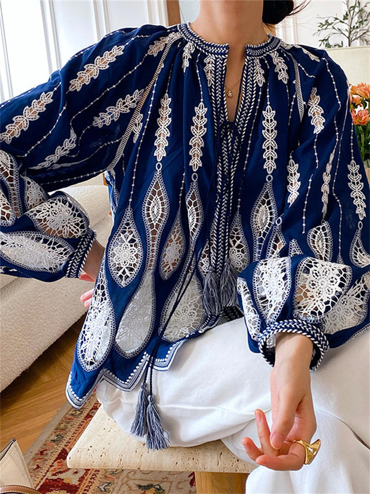 Women's Holiday Style Contrast Color Embroidered Long-sleeved Shirt