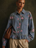 Women Vintage Floral Denim Ruffle Hem Jean Jackets