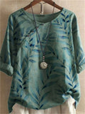 Women's Retro Chinese Style Leaves Printed Round Neck Shirts