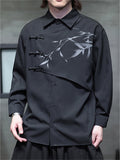 Mens Vintage Chinese Style Ink Bamboo Print Patchwork Button Shirts