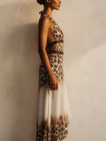 Women Sexy Leopard Print Halter Neck Top Maxi Dress