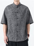Men's Chinese Style Jacquard Loose Stand Collar Summer Short Sleeve Shirts