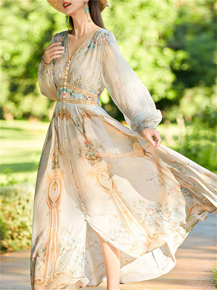 Women's Elegant Mulberry Silk Print V-Neck Holiday Maxi Dresses