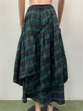 Women's Green Contrast Color Plaid Asymmetric Skirts