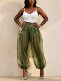 Women High Waist Sheer Mesh Lantern Pants Pleated with Shorts