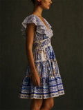 Women Mediterranean Print Backless Bow Ruffle Mini Dress