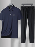Men's 2Pcs Summer Cool Lapel Short Sleeve Seamless Solid Color Outfits