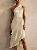 Women White One Shoulder Pleated Asymmetric Cocktail Dress