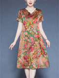 Summer Casual V-neck Floral Print Short Sleeve Dress for Women