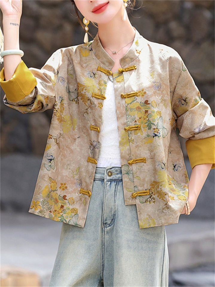 Women's Stand Collar Contrast Color Flowers Print Tang Suit Jacket