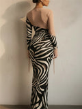 Women Zebra Print Tie Front Long Sleeve Bodycon Maxi Dress