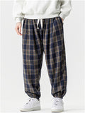 Japanese Style Autumn Plaid Drawstring Loose Jogger Pants for Men