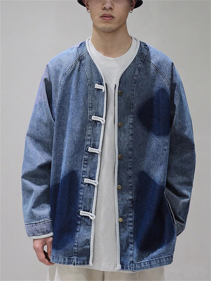 Retro Cotton Collarless Frog Button Denim Jacket for Men