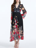 Women's Holiday Style V Neck Flare Sleeve Maxi Dress
