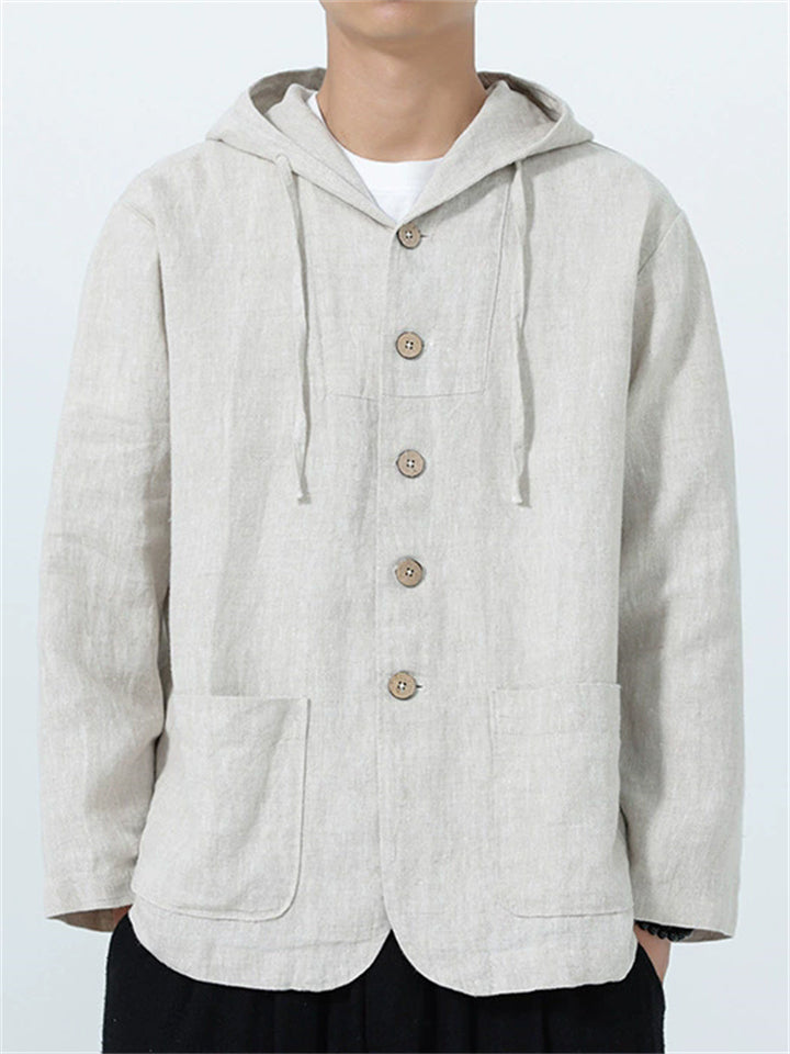 Men's Autumn Casual Solid Color Linen Hooded Long Sleeve Jackets