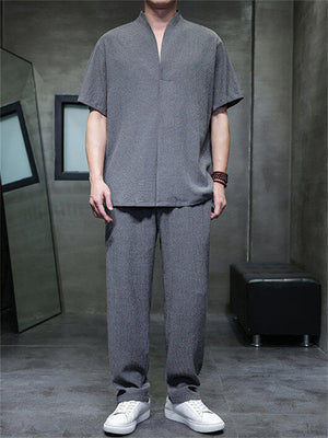 Men's 2Pcs Summer Zen Style Stand Collar Short Sleeve Solid Color Outfits