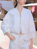 Women's Fashion White Jacquard Frog Button Jacket