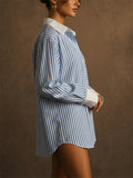 Women Blue Striped Oversized Button Down Contrast Shirts