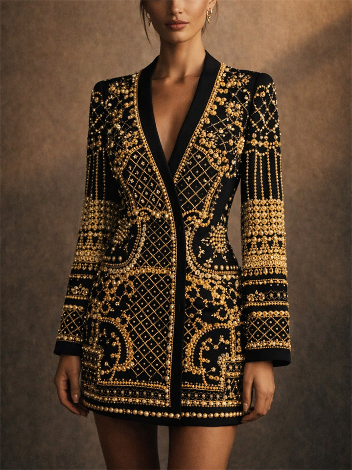 Women's Chic V Neck Luxury Baroque Rhinestone Beads Blazer