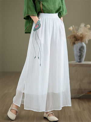 Lotus Embroideried Flowy Linen Fairy Pants for Women