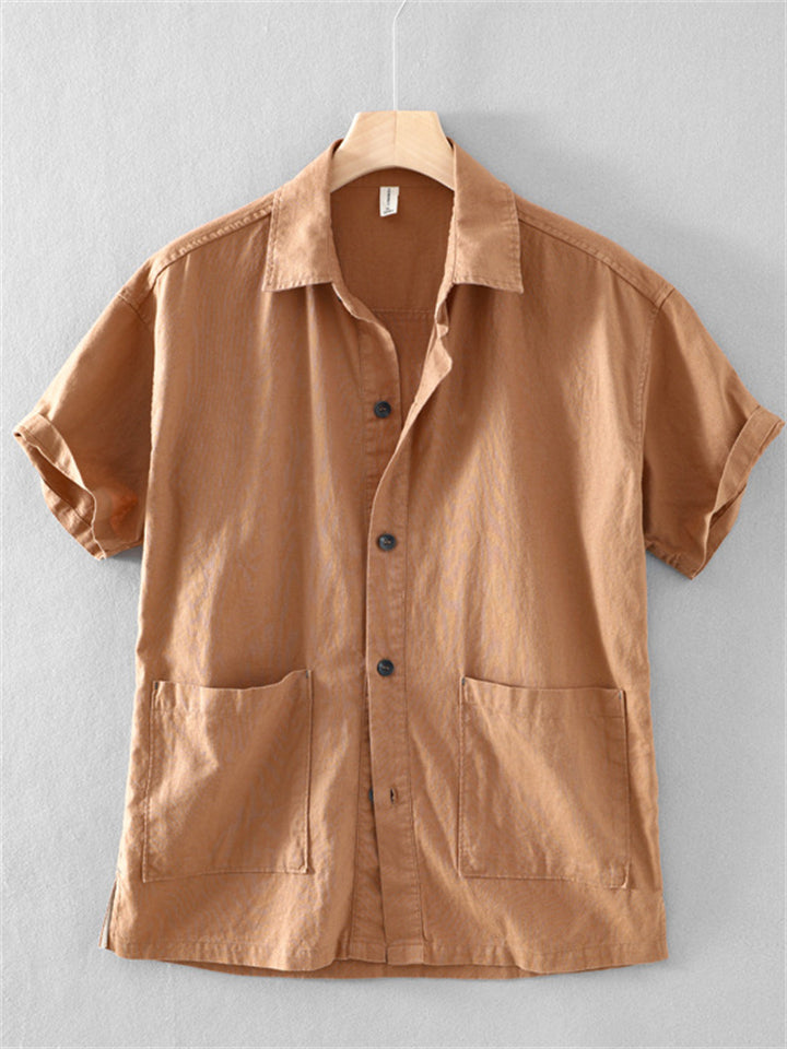 Men's Summer Casual Ramie Cotton Solid Color Lapel Shirts