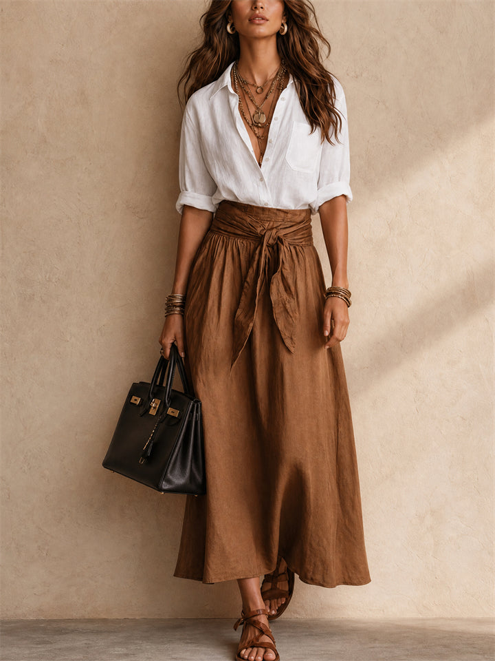 Women 2 Piece Contrast Color Button Down Shirt and High Waist Skirt Set