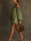 Women's Lantern Sleeve Polka Dot Off Shoulder Lace Trim Mini Dress